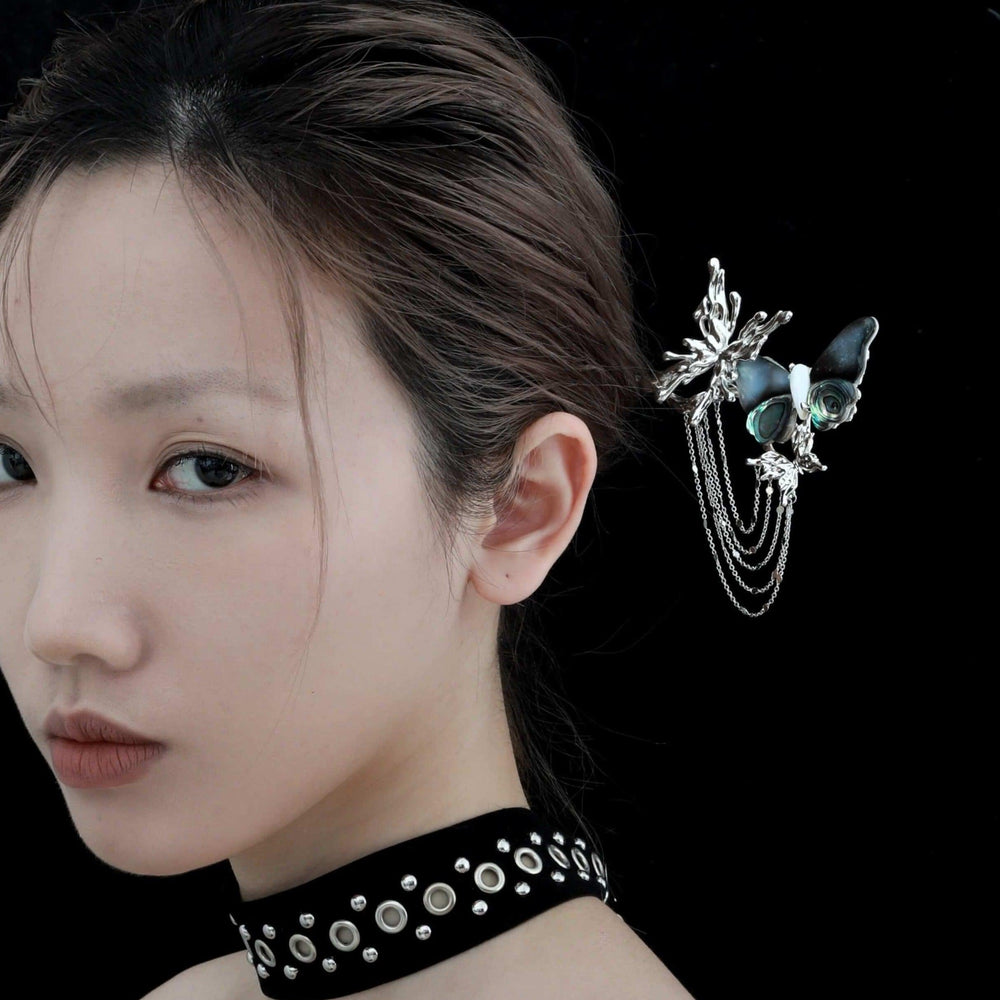 1ST XULIE "Butterfly Wasteland" Abalone Shell Butterfly Hairpin in Platinum Plated - Detail Shot