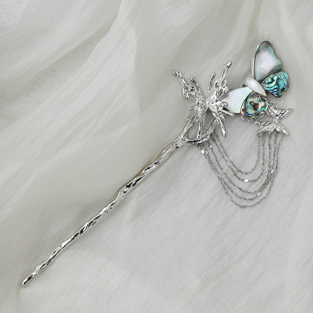 1ST XULIE "Butterfly Wasteland" Abalone Shell Butterfly Hairpin in Platinum Plated - Full Product View
