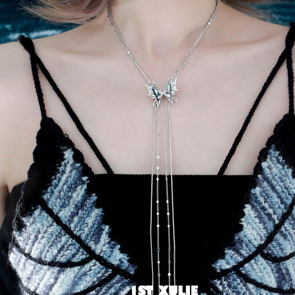 1ST XULIE "Butterfly Wasteland" Platinum Plated Abalone Shell Butterfly Tassel Lariat Choker - Detail Shot