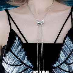 1ST XULIE "Butterfly Wasteland" Platinum Plated Abalone Shell Butterfly Tassel Lariat Choker - Detail Shot