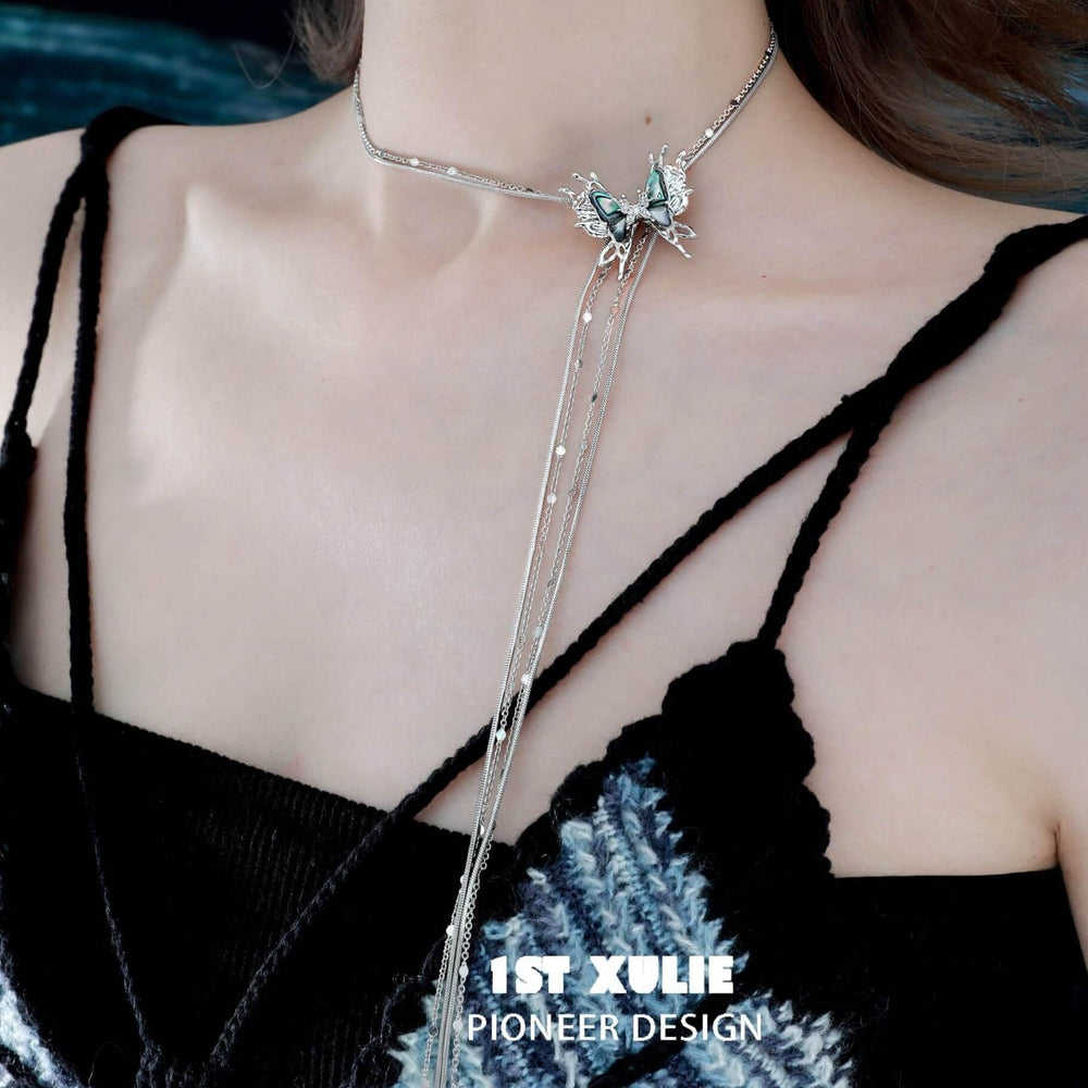 1ST XULIE "Butterfly Wasteland" Platinum Plated Abalone Shell Butterfly Tassel Lariat Choker - Product View