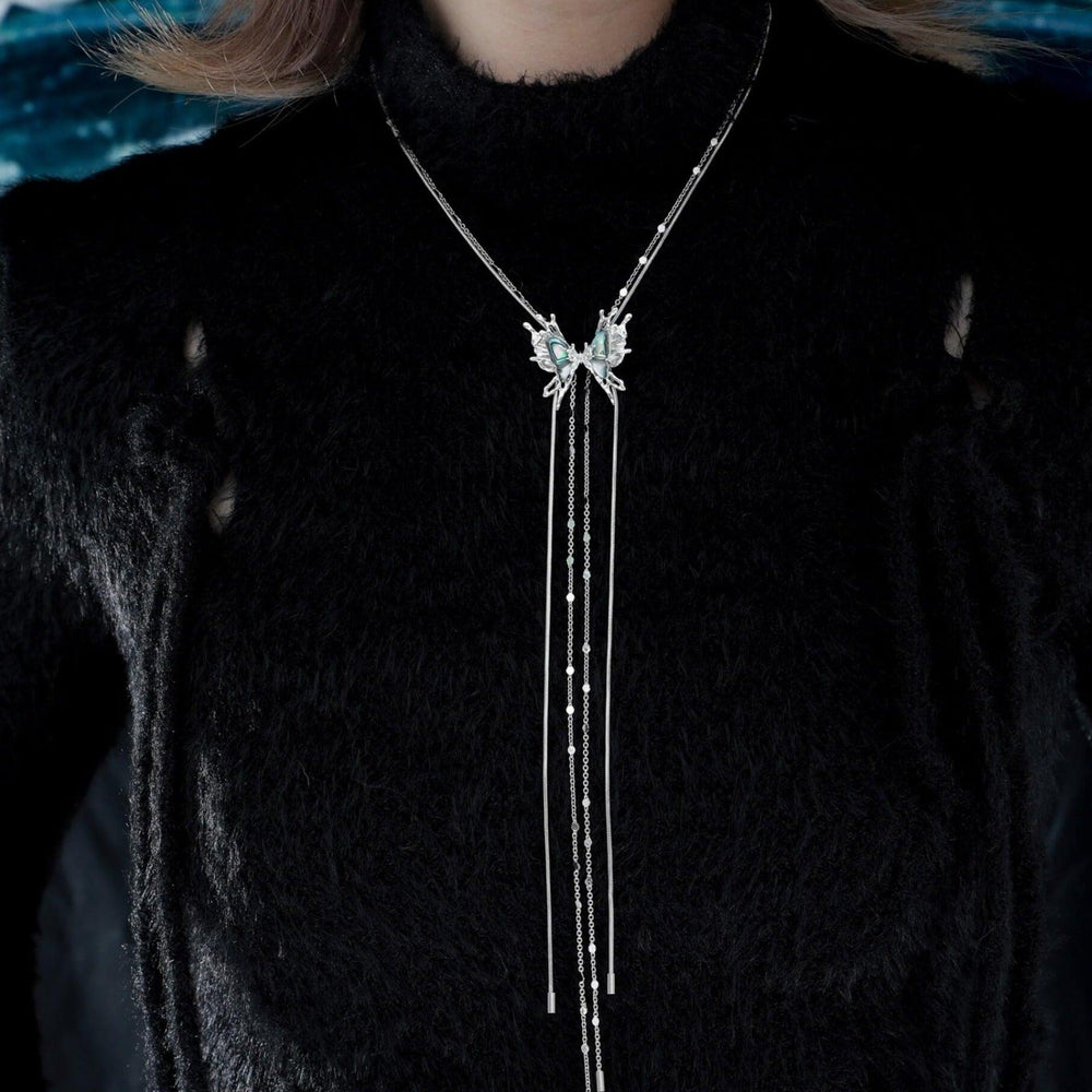 1ST XULIE "Butterfly Wasteland" Platinum Plated Abalone Shell Butterfly Tassel Lariat Choker - On Model
