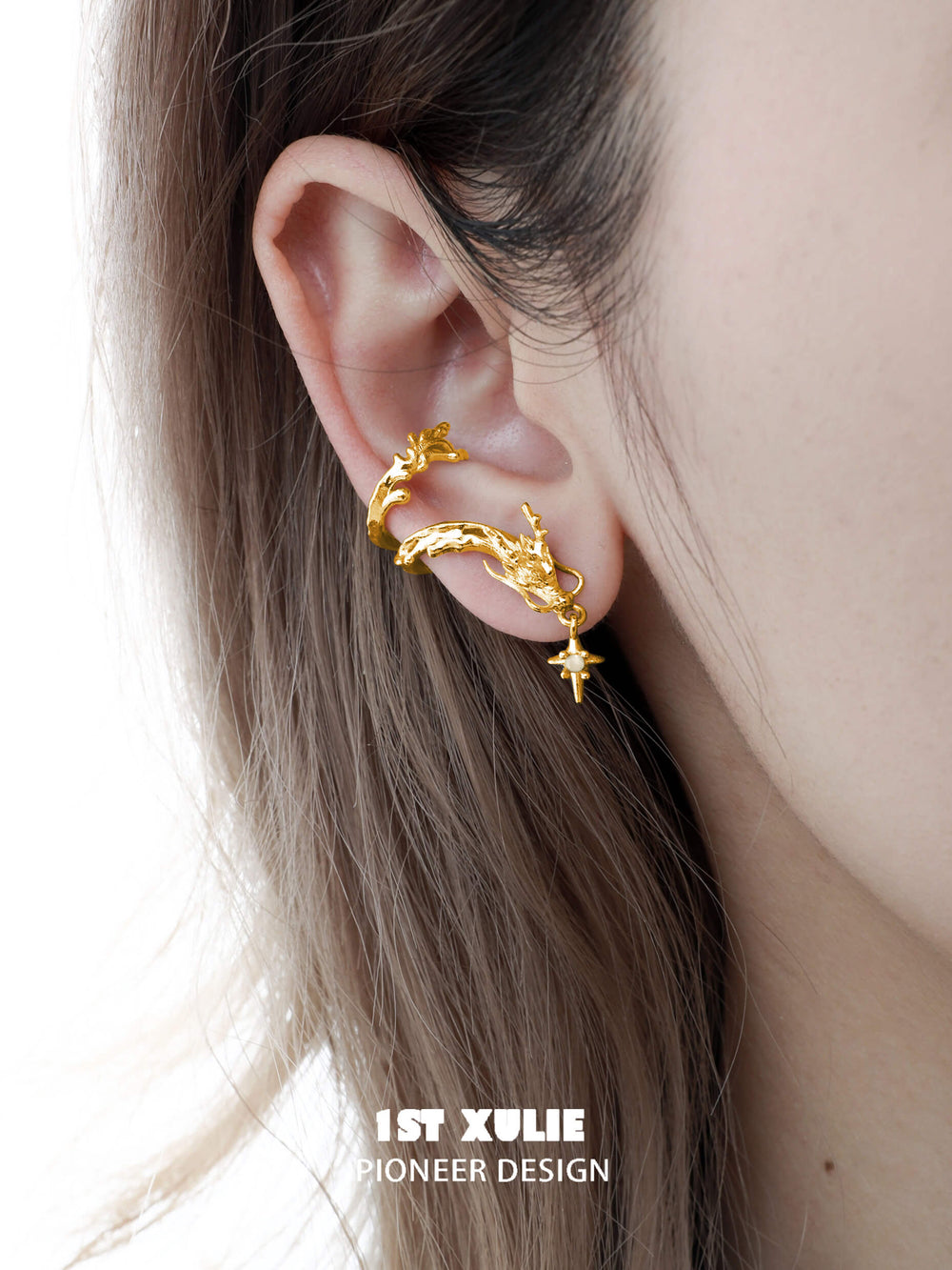 1ST XULIE "Loong" Abstract Dragon Dangle Ear Cuffs in Platinum Plated - On Model Close-Up