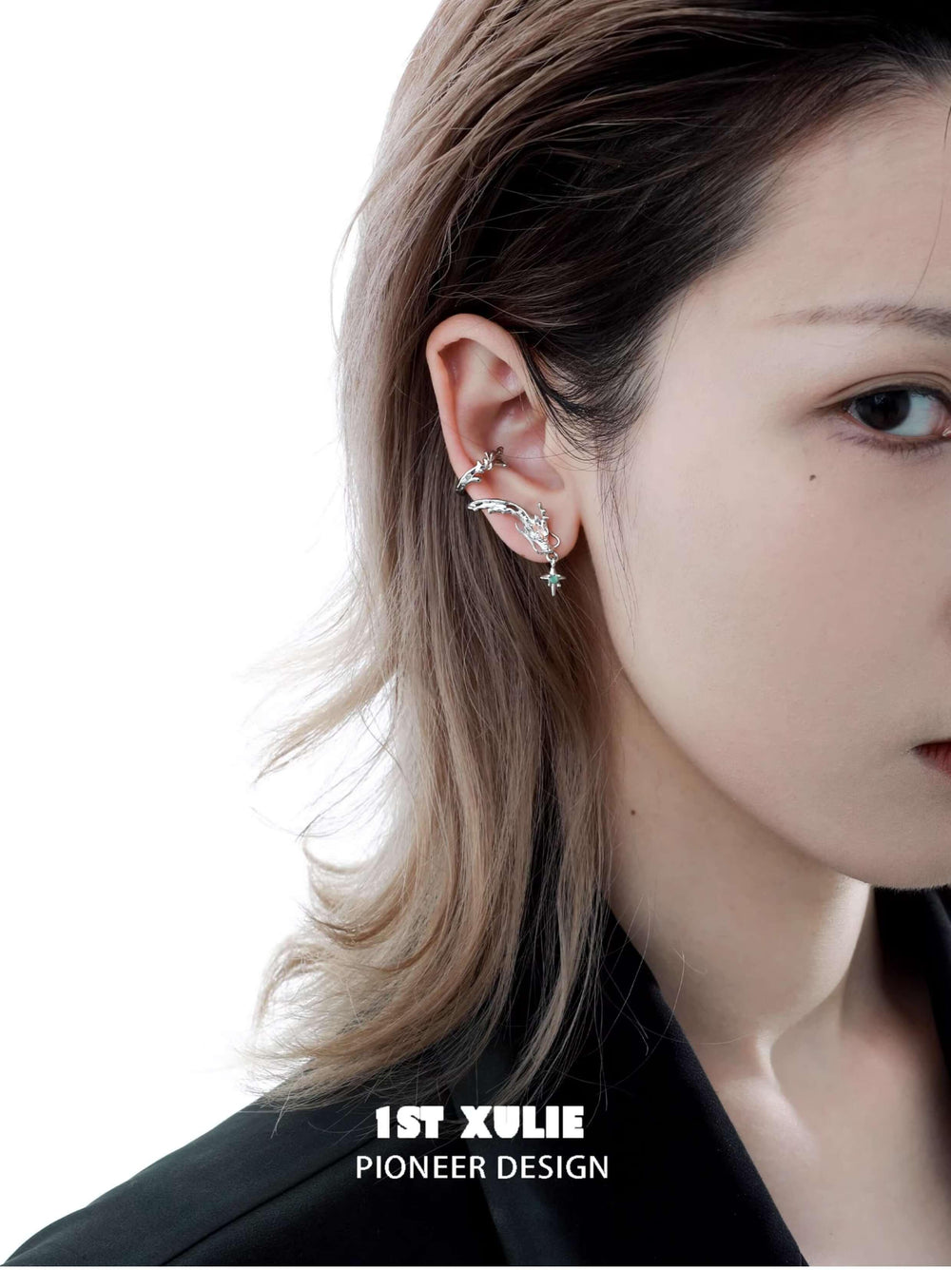 1ST XULIE "Loong" Abstract Dragon Ear Clips in Platinum Plated - Back View
