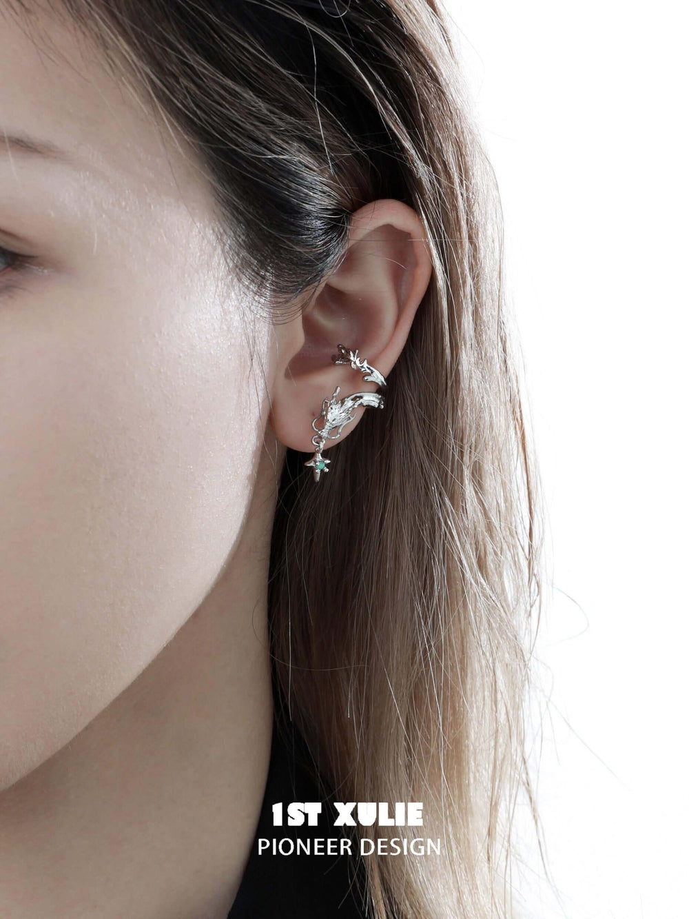 1ST XULIE "Loong" Abstract Dragon Ear Clips in Platinum Plated - Packaging View