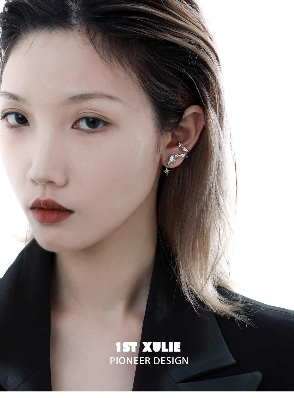 1ST XULIE "Loong" Abstract Dragon Ear Clips in Platinum Plated - Side View