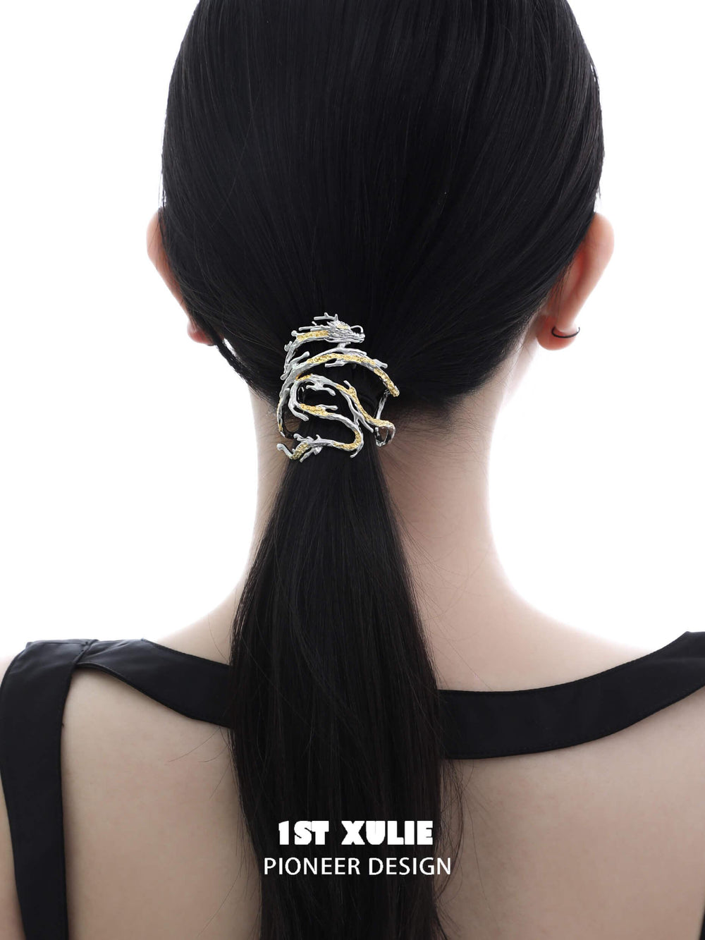 1ST XULIE "Loong" Abstract Dragon Hair Clips in Platinum Plated - On Model, Back View