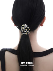 1ST XULIE "Loong" Abstract Dragon Hair Clips in Platinum Plated - On Model, Back View
