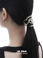 1ST XULIE "Loong" Abstract Dragon Hair Clips in Platinum Plated - On Model, Detail Shot