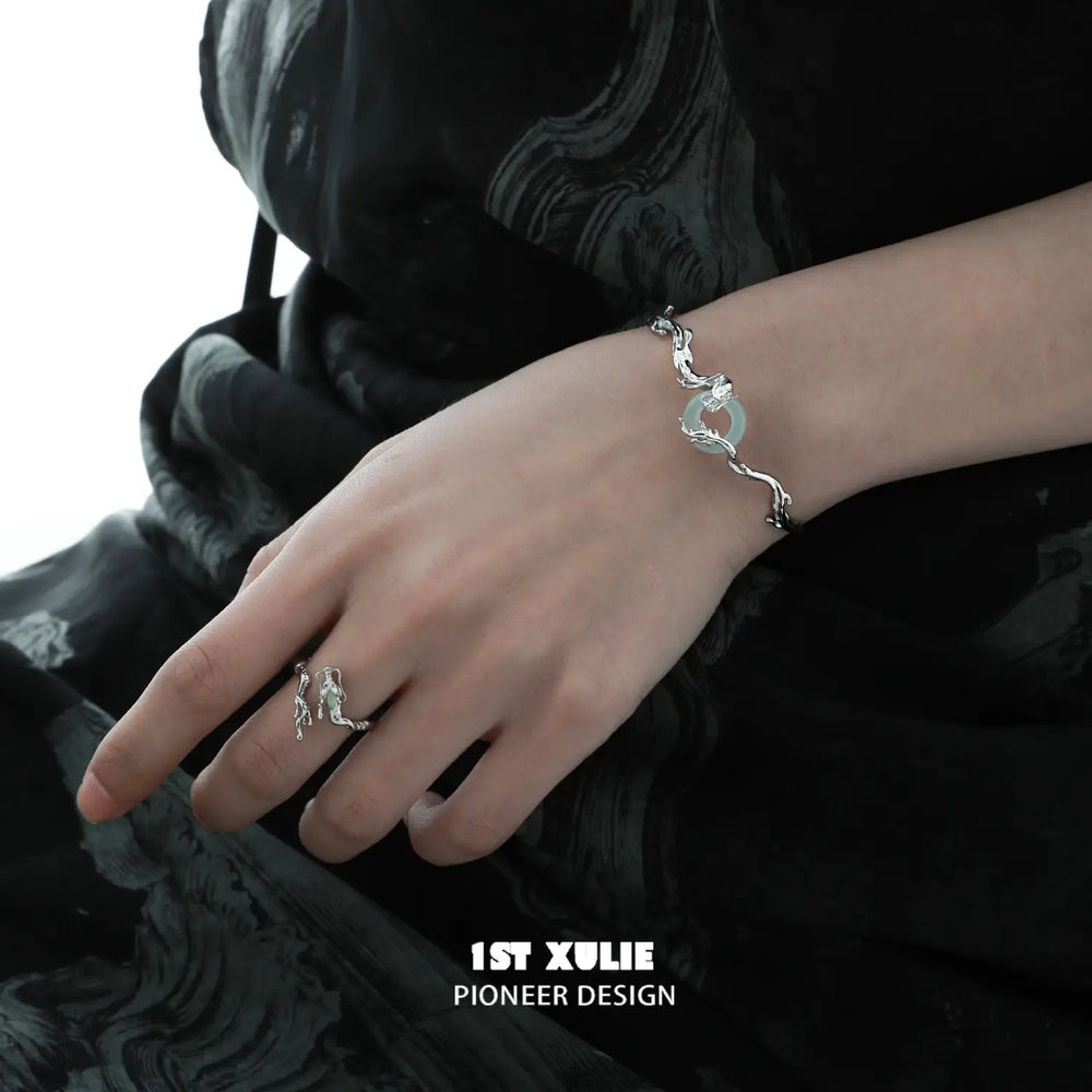 1ST XULIE "Loong" Abstract Dragon Jade Cuff Bracelet in 24K Gold & Platinum Plated - Detail Shot