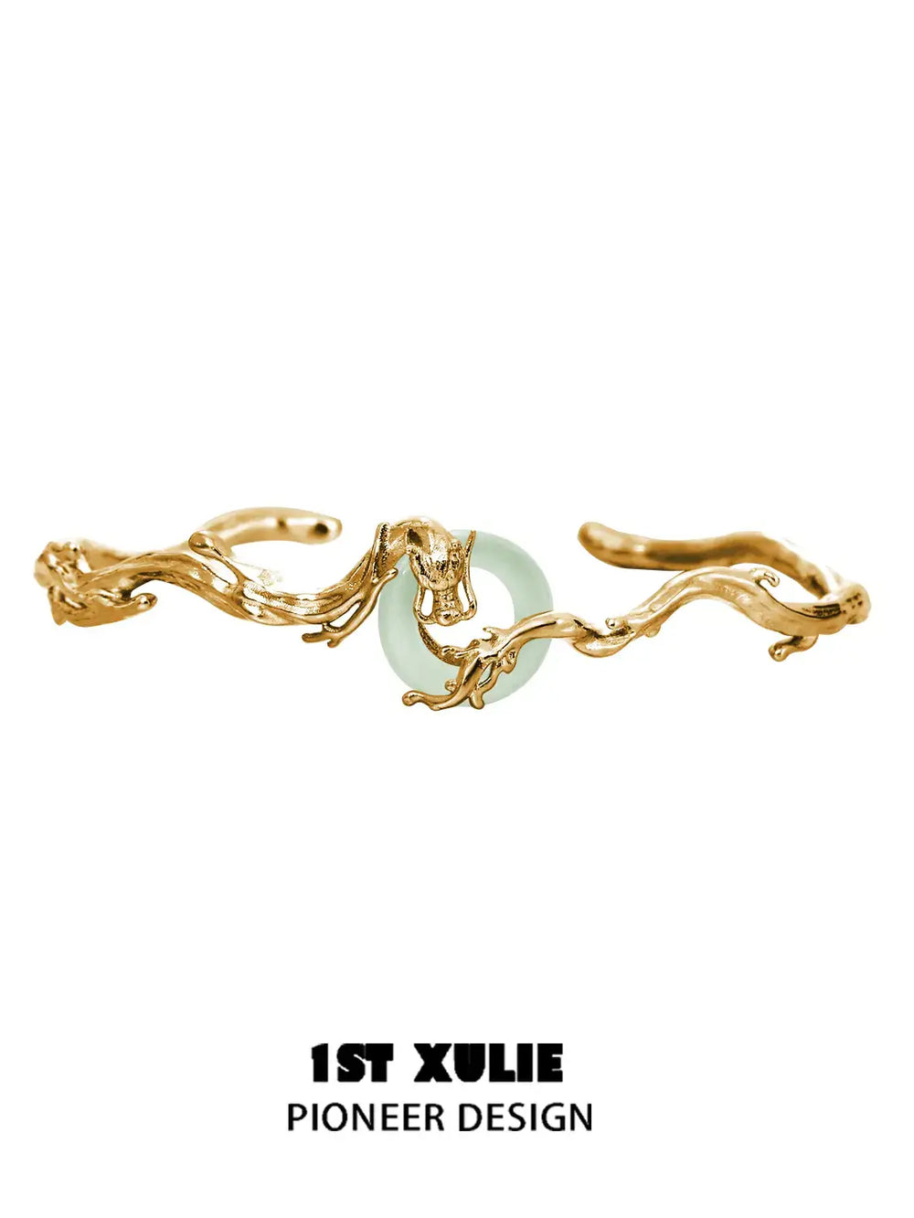 1ST XULIE "Loong" Abstract Dragon Jade Cuff Bracelet in 24K Gold & Platinum Plated - On Model