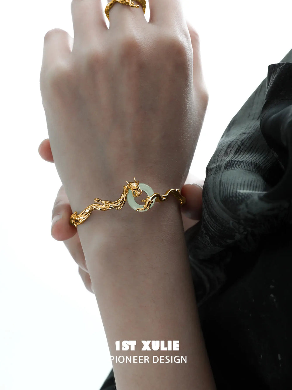 1ST XULIE "Loong" Abstract Dragon Jade Cuff Bracelet in 24K Gold & Platinum Plated - On Model Close-up