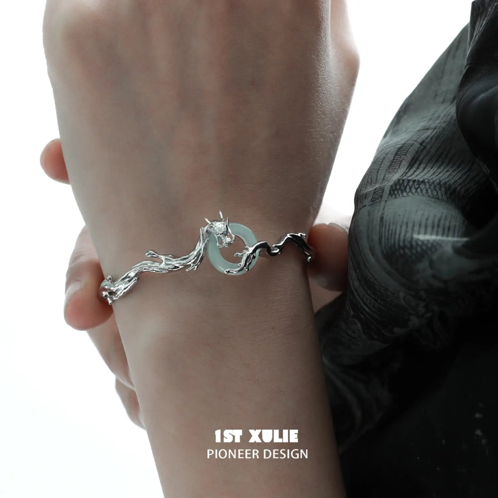 1ST XULIE "Loong" Abstract Dragon Jade Cuff Bracelet in 24K Gold & Platinum Plated - Side View