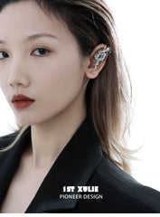1ST XULIE "Loong" Statement Abstract Dragon Jade Dangle Earrings in Platinum Plated - Back View