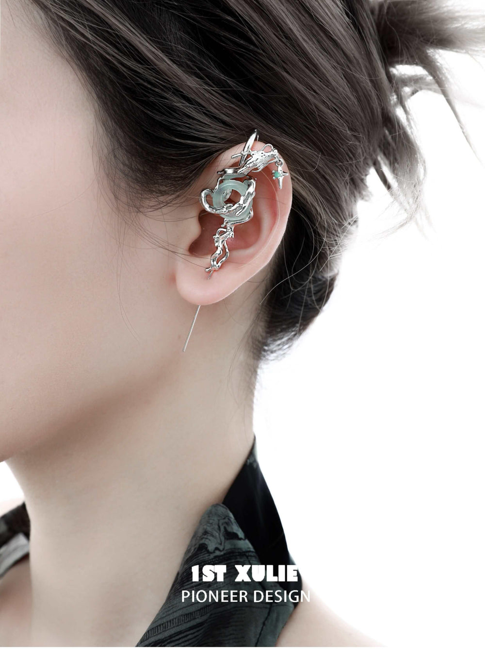 1ST XULIE "Loong" Statement Abstract Dragon Jade Dangle Earrings in Platinum Plated - On Model Close Up