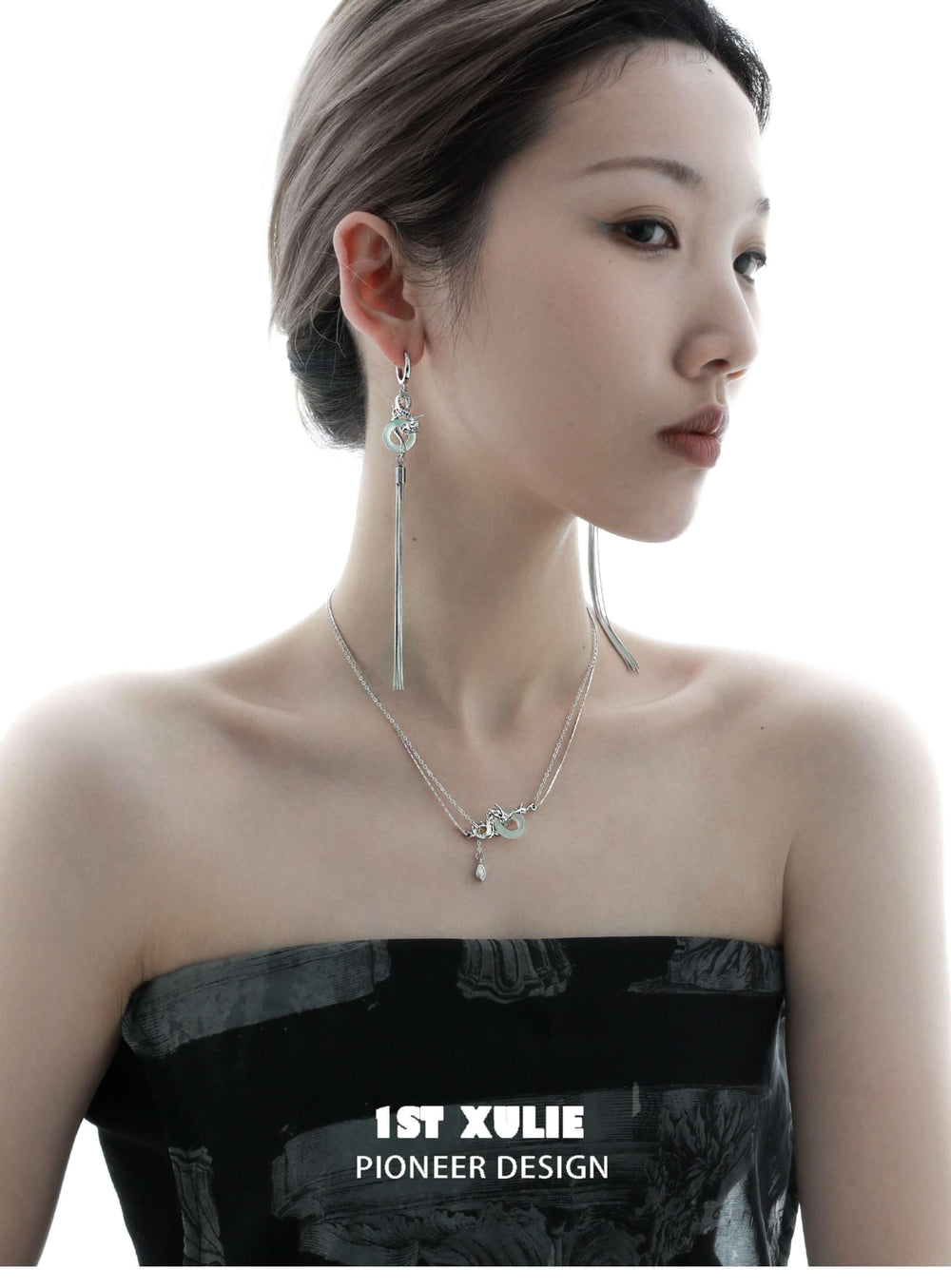 1ST XULIE "Loong" Abstract Dragon Jade Necklace in 925 Sterling Silver - Lifestyle On Model