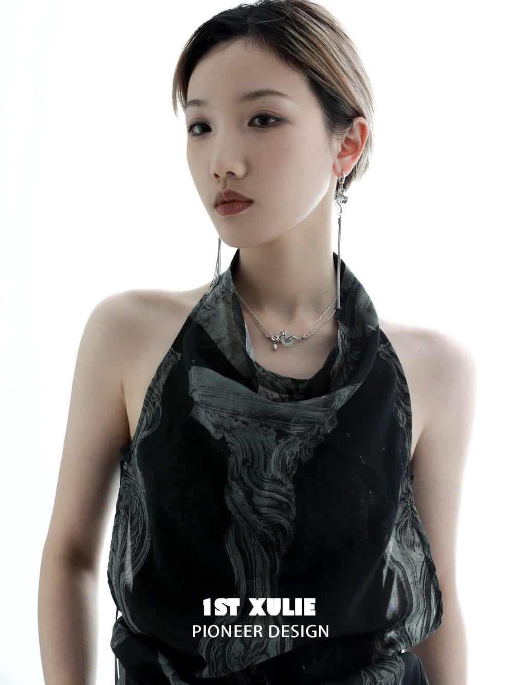 1ST XULIE "Loong" Abstract Dragon Jade Necklace in 925 Sterling Silver - On Model Side View