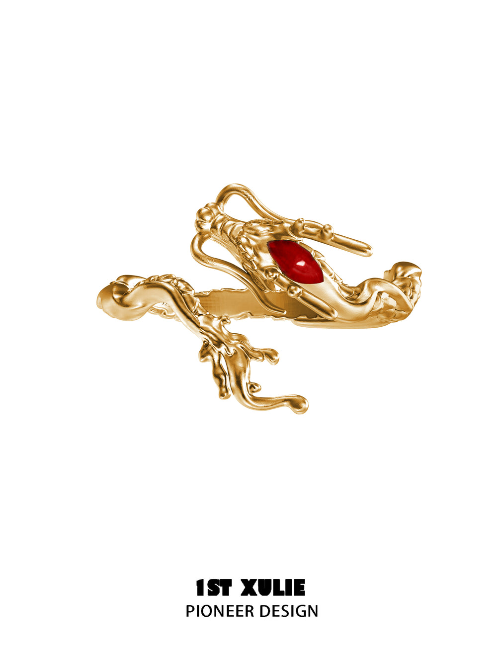 1ST XULIE "Loong" Abstract Dragon Opal Ring in 24K Gold Plated 925 Sterling Silver - On Model