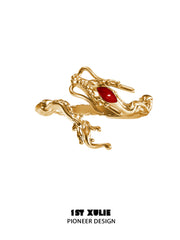 1ST XULIE "Loong" Abstract Dragon Opal Ring in 24K Gold Plated 925 Sterling Silver - On Model