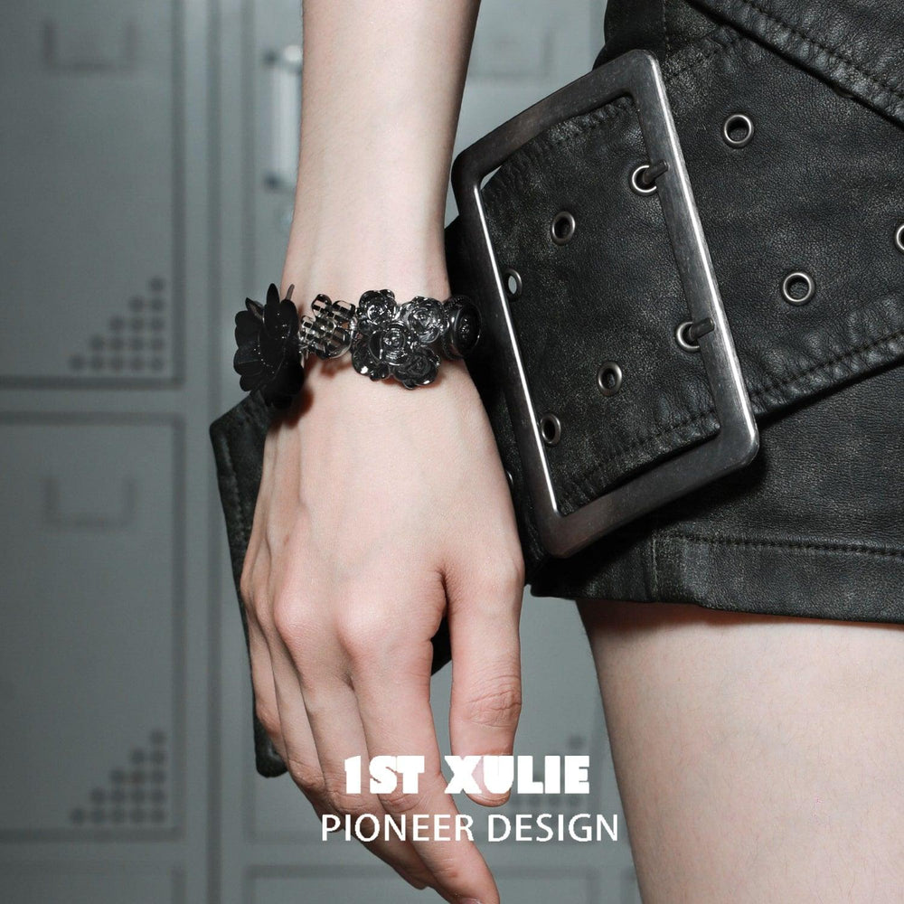 1ST XULIE "Taboo Rose" Acrylic Rose Button Bracelet in Platinum Plated Brass - On Model