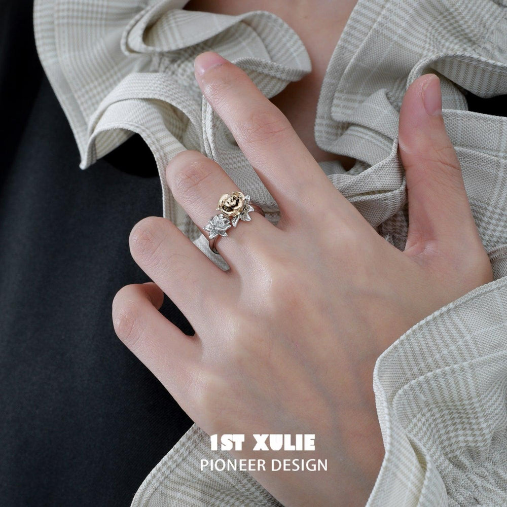 1ST XULIE "Golden Rose" Adjustable Botanical Statement Ring in 18K Gold Plated - Product View