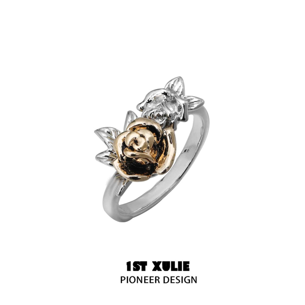1ST XULIE "Golden Rose" Adjustable Botanical Statement Ring in 18K Gold Plated - On Model