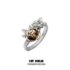 1ST XULIE "Golden Rose" Adjustable Botanical Statement Ring in 18K Gold Plated - On Model