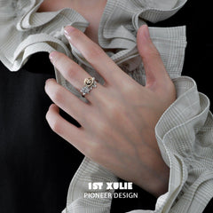 1ST XULIE "Golden Rose" Adjustable Botanical Statement Ring in 18K Gold Plated - On Model Close-up