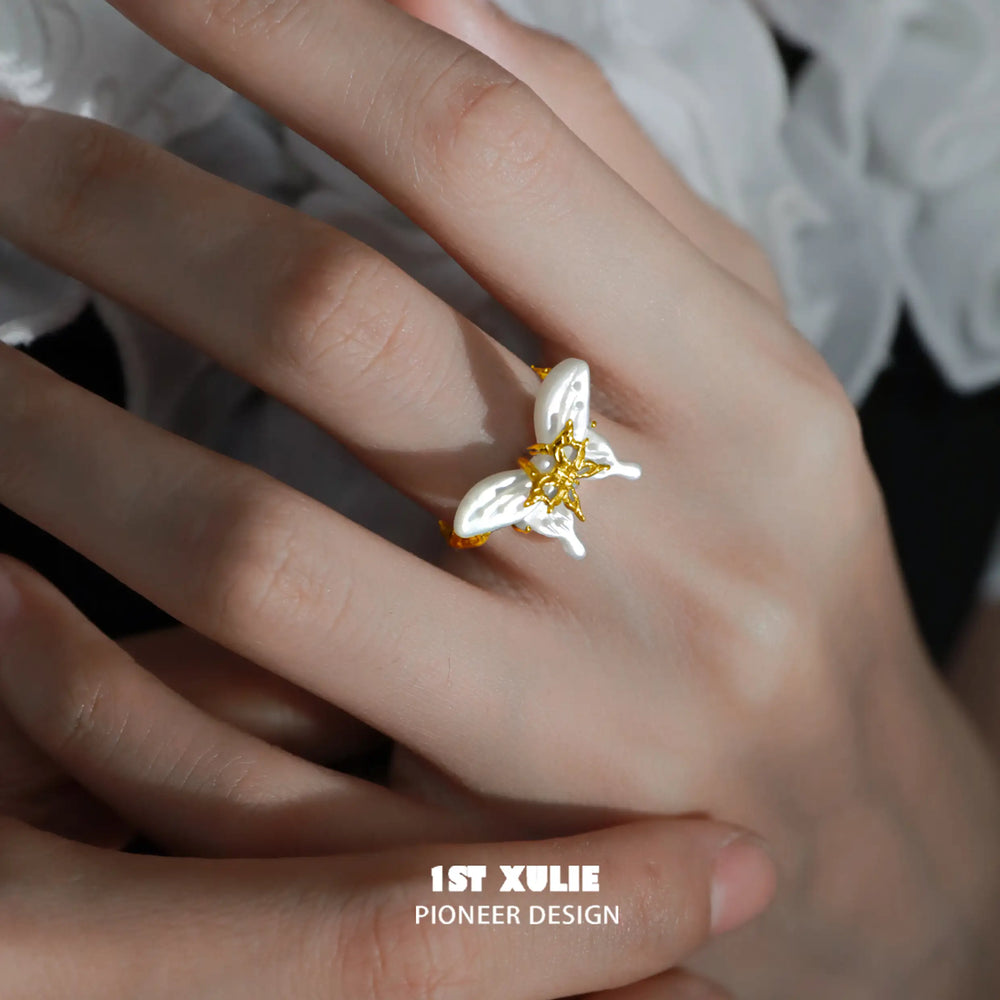 1ST XULIE "Whiterfly" Ethereal Butterfly Adjustable Open Shell Ring in 24K Gold Plated S925 Silver - On Model