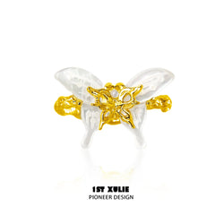 1ST XULIE "Whiterfly" Ethereal Butterfly Adjustable Open Shell Ring in 24K Gold Plated S925 Silver - On Model Close-Up