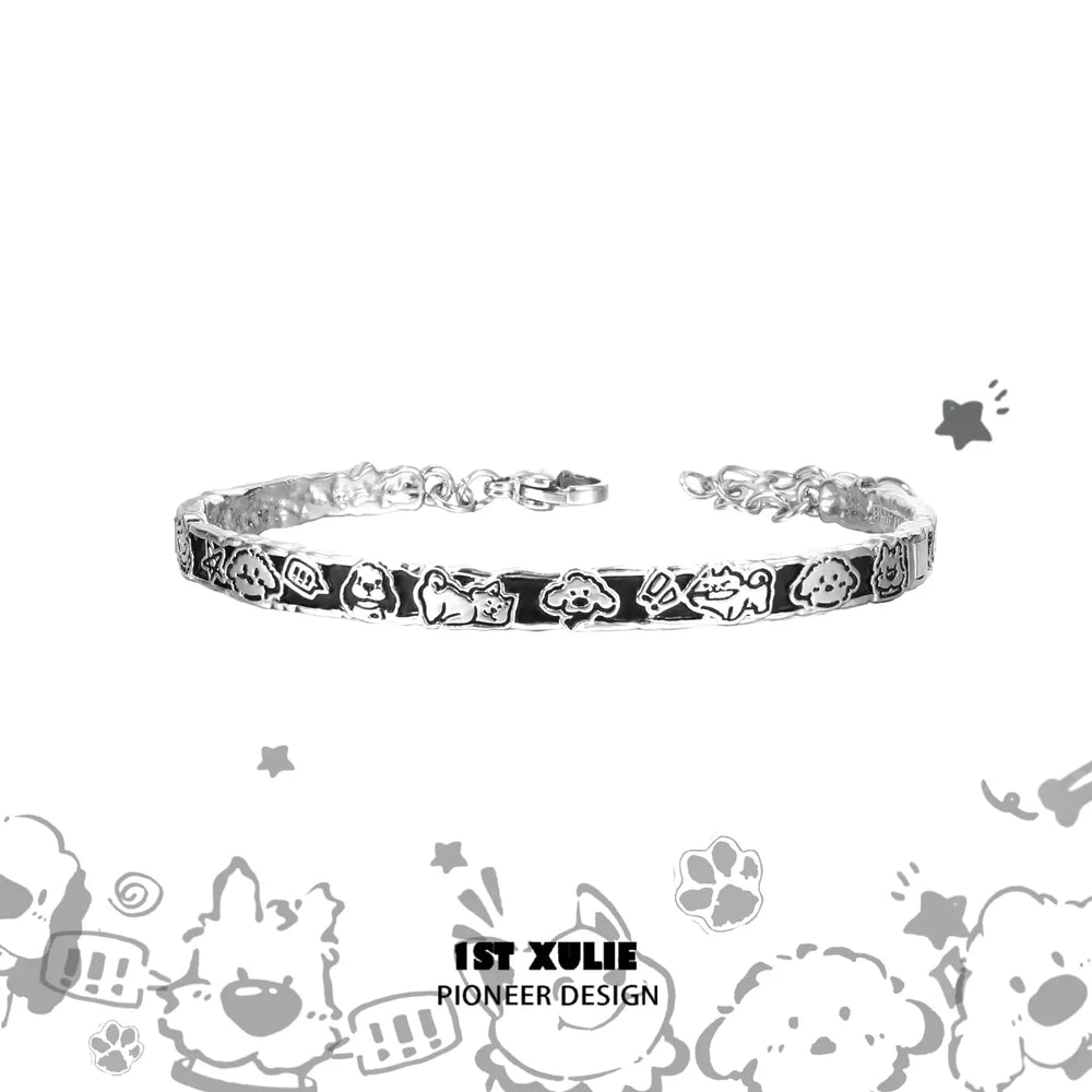 1ST XULIE "Graffiti Puppy" Adjustable Charm Puppy Bangle Bracelet in 925 Sterling Silver - Product View