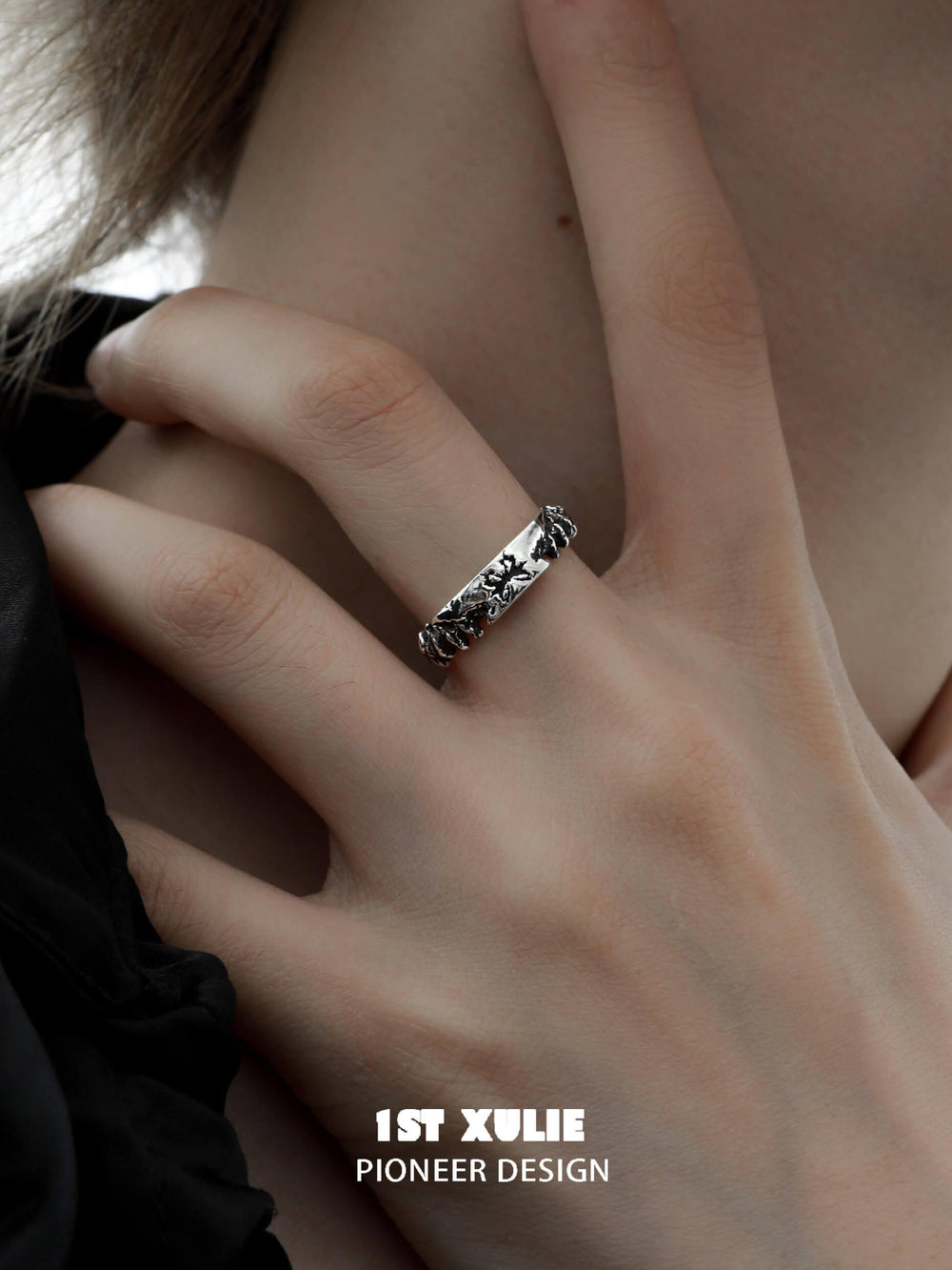 1ST XULIE "Whiterfly" Adjustable Gothic Butterfly Statement Ring in 925 Sterling Silver - On Model