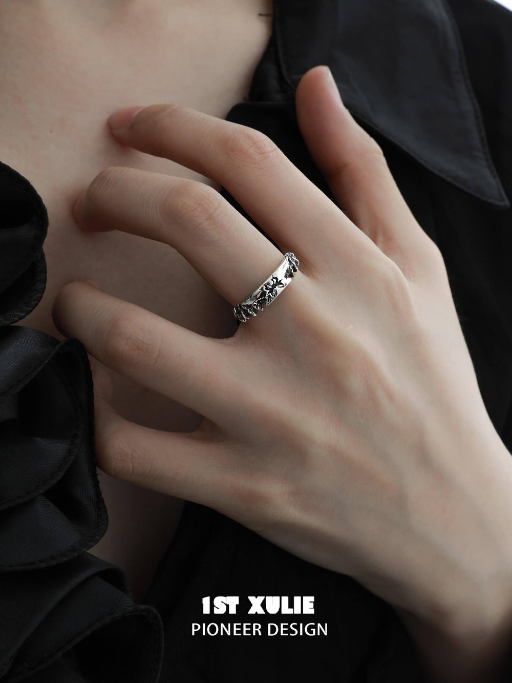1ST XULIE "Whiterfly" Adjustable Gothic Butterfly Statement Ring in 925 Sterling Silver - On Model Detail Shot