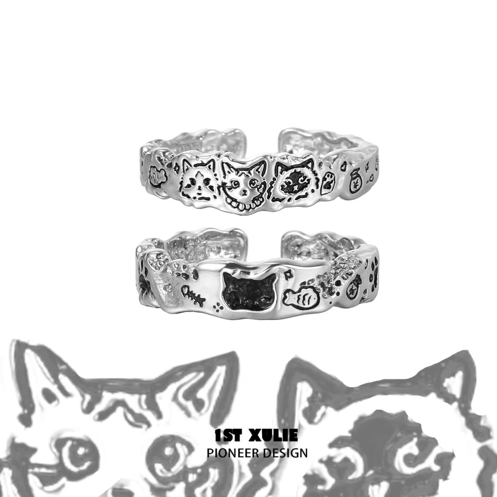 1ST XULIE "Graffiti Kitten" Adjustable Graffiti Cat Ring in 925 Sterling Silver - Product View