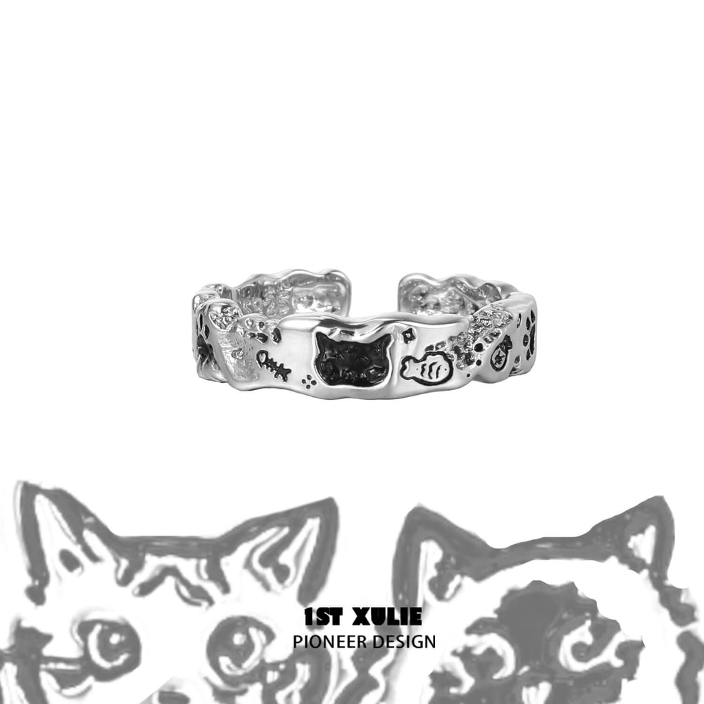 1ST XULIE "Graffiti Kitten" Adjustable Graffiti Cat Ring in 925 Sterling Silver - Full Product View
