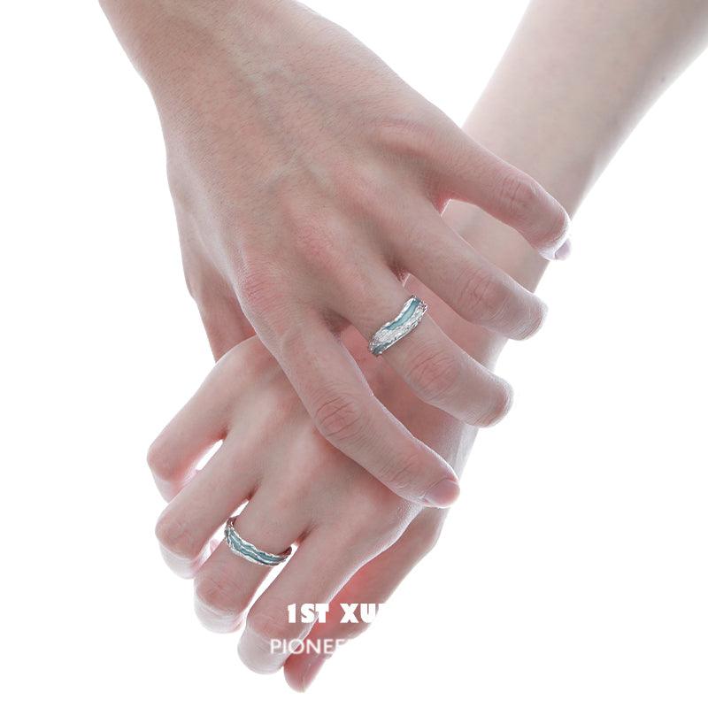 1ST XULIE "THE SEA" Adjustable Ocean Wave Couple's Rings in 925 Sterling Silver - On Model