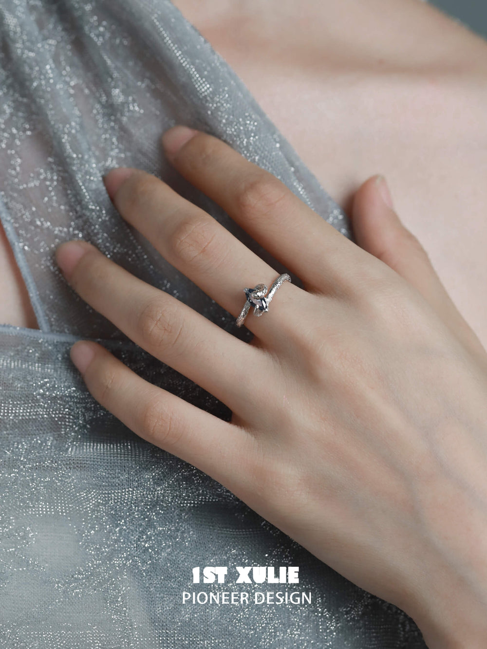 1ST XULIE "Frozen Serpent" Adjustable Statement Serpent Zircon Ring in 925 Sterling Silver - On Model Close-up