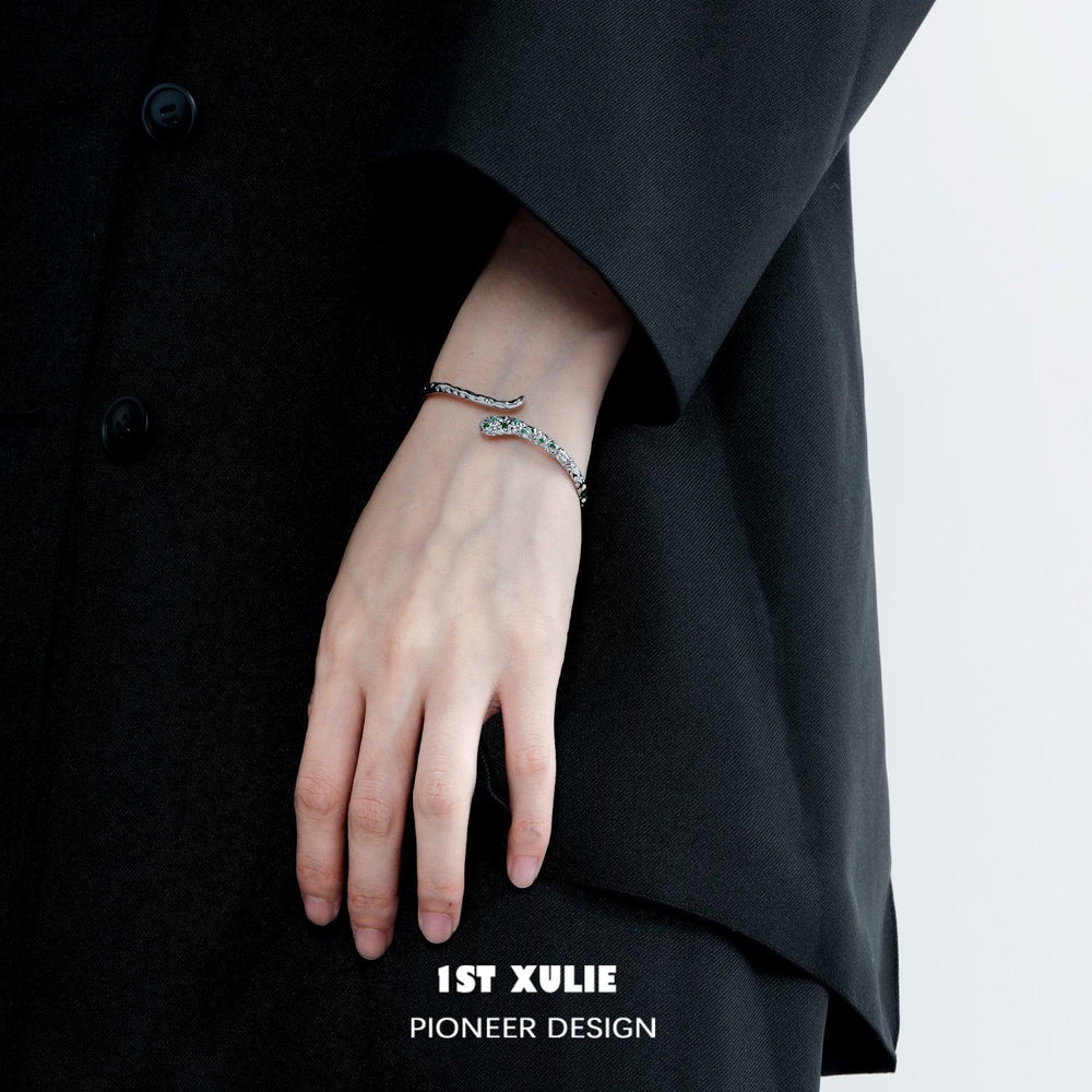 1ST XULIE "Slytherin House" Adjustable Serpentine Cuff Bracelet in Platinum Plated - On Model