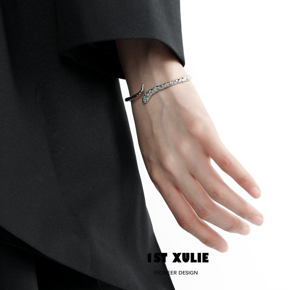 1ST XULIE "Slytherin House" Adjustable Serpentine Cuff Bracelet in Platinum Plated - On Model Close-up