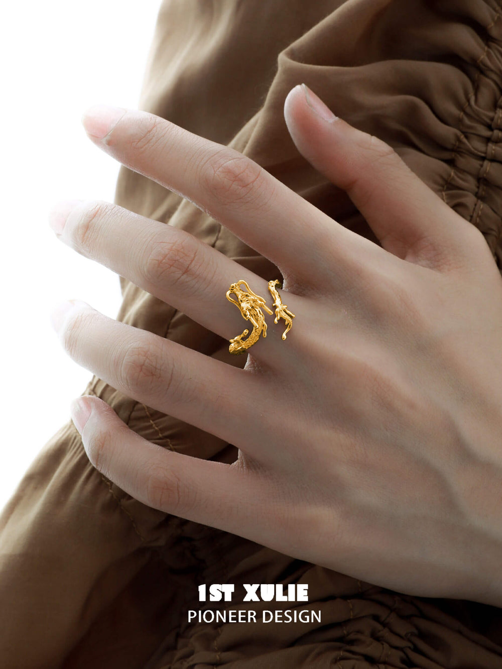 1ST XULIE "Loong" Adjustable Statement Dragon Ring in 925 Sterling Silver with 24K Gold Plating - Detail Shot