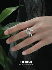 1ST XULIE "Irises" Adjustable Statement Iris Flower Ring in 925 Sterling Silver - On Model Close-Up
