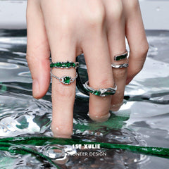 1ST XULIE "Slytherin House" Adjustable Statement Serpentine Chain Ring in 925 Sterling Silver - On Model Close Up