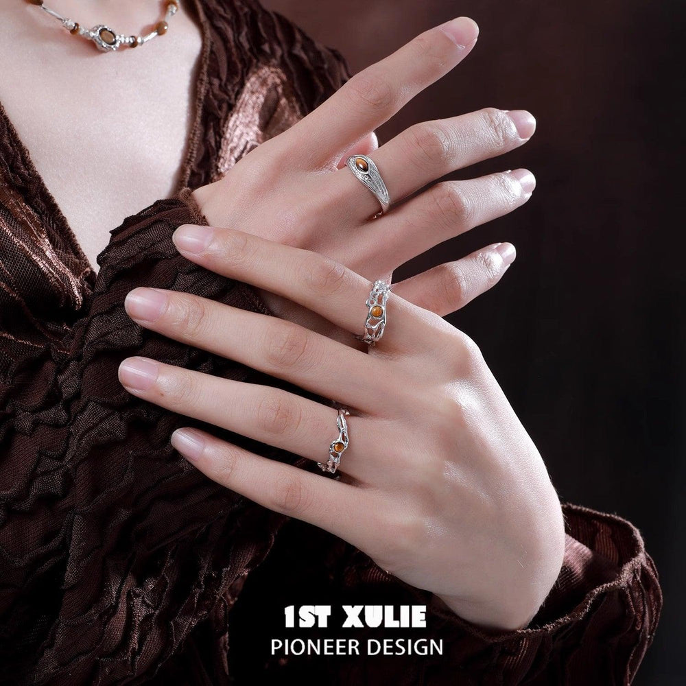 1ST XULIE "Desert Sunset" Natural Adjustable Tiger Eye Open Ring in 925 Sterling Silver - Detail Shot