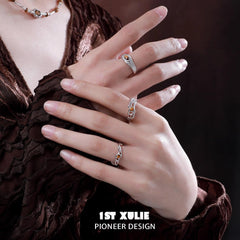 1ST XULIE "Desert Sunset" Natural Adjustable Tiger Eye Open Ring in 925 Sterling Silver - Detail Shot