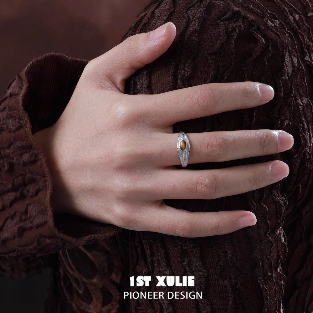 1ST XULIE "Desert Sunset" Natural Adjustable Tiger Eye Open Ring in 925 Sterling Silver - Detail Shot On Model