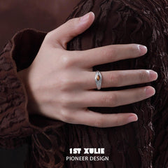 1ST XULIE "Desert Sunset" Natural Adjustable Tiger Eye Open Ring in 925 Sterling Silver - Detail Shot On Model