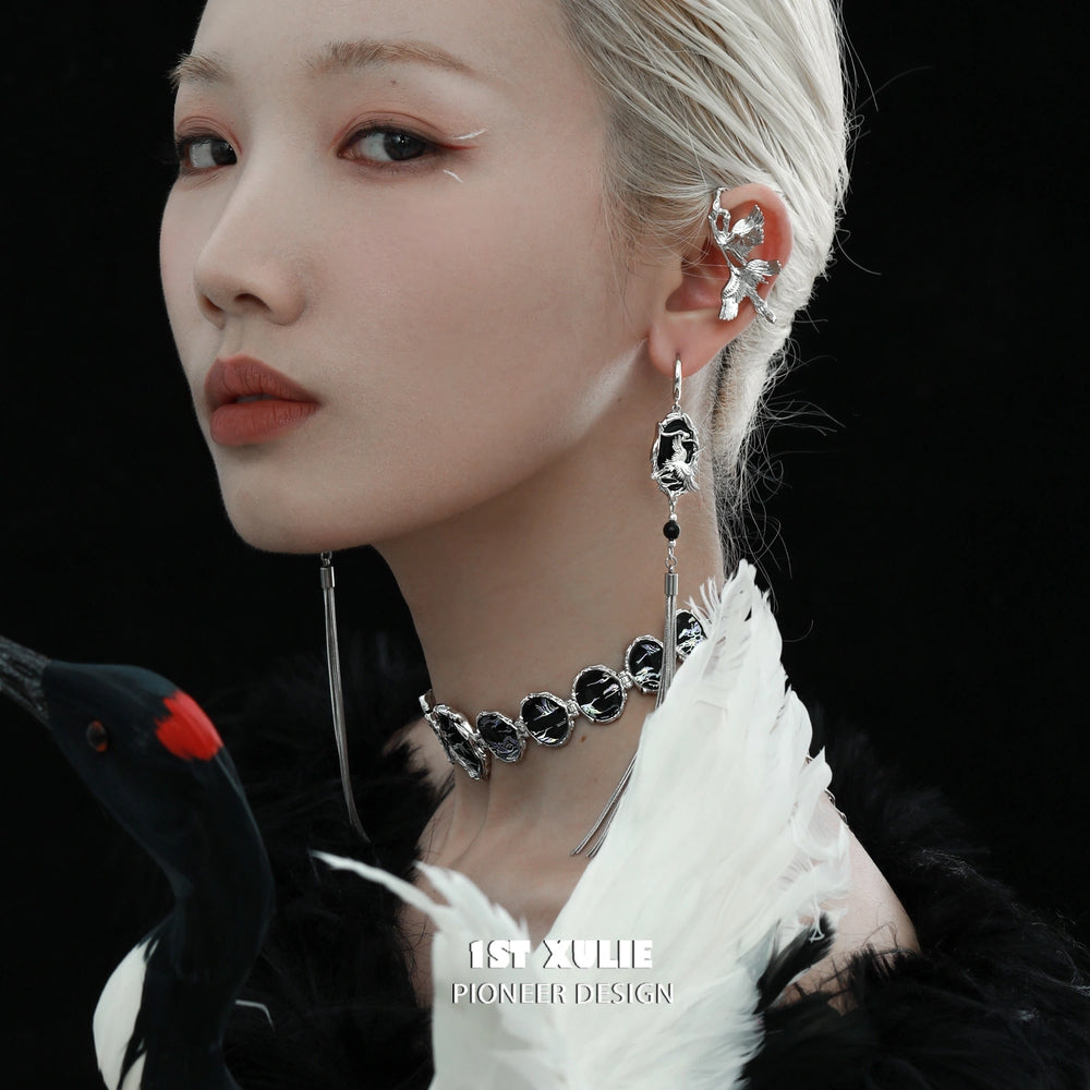 1ST XULIE "Soaring Cranes" Agate Crane Tassel Earrings in Platinum Plated - Detail Shot