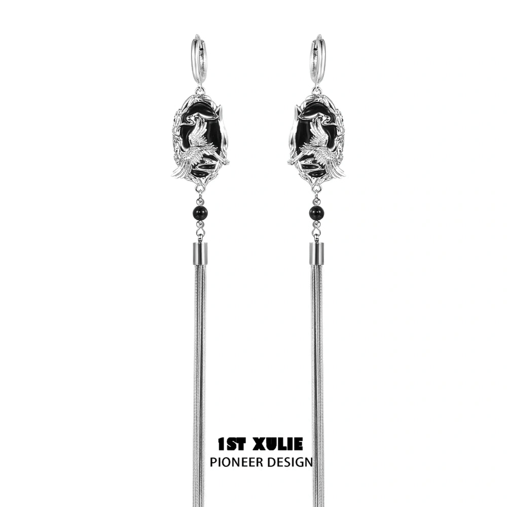 1ST XULIE "Soaring Cranes" Agate Crane Tassel Earrings in Platinum Plated - On Model