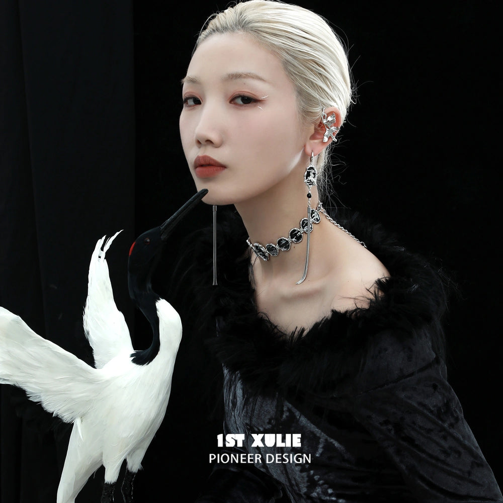 1ST XULIE "Soaring Cranes" Agate Crane Tassel Earrings in Platinum Plated - Product View