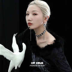 1ST XULIE "Soaring Cranes" Agate Crane Tassel Earrings in Platinum Plated - Product View